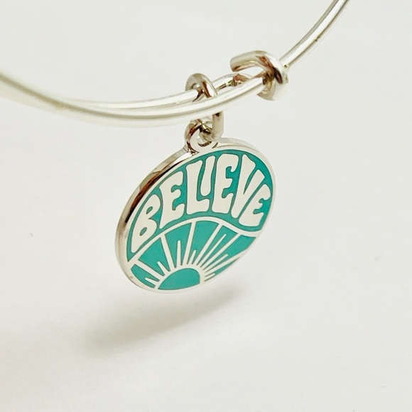 Alex and Ani Shiny Silver Bracelet with Teal 'Believe' Charm - Picture 7 of 7